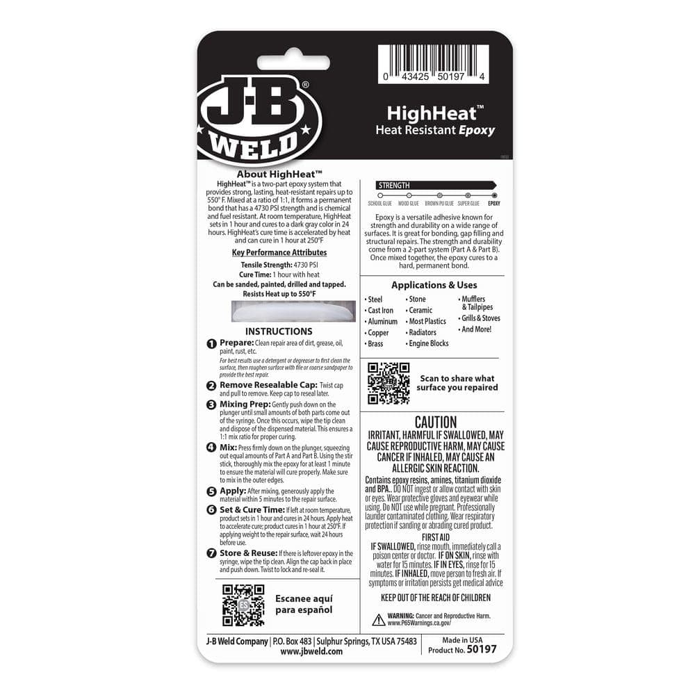 J-B Weld HighHeat 25 ml (0.85 fl. oz.) Temperature Resistant Epoxy Syringe (2)