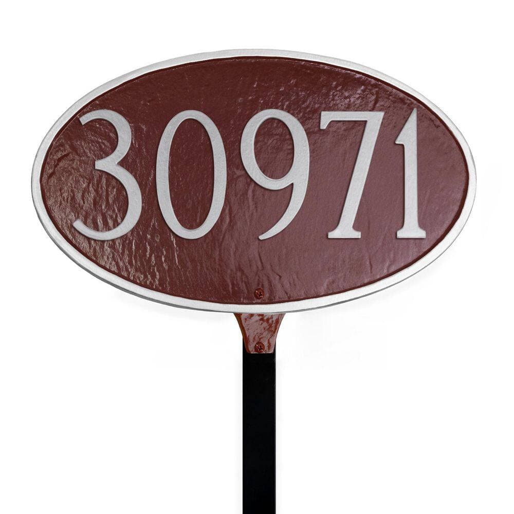 Montague Metal Products Classic Oval Small Address Sign Plaque with Lawn Stake - Brick Red/Silver (1)