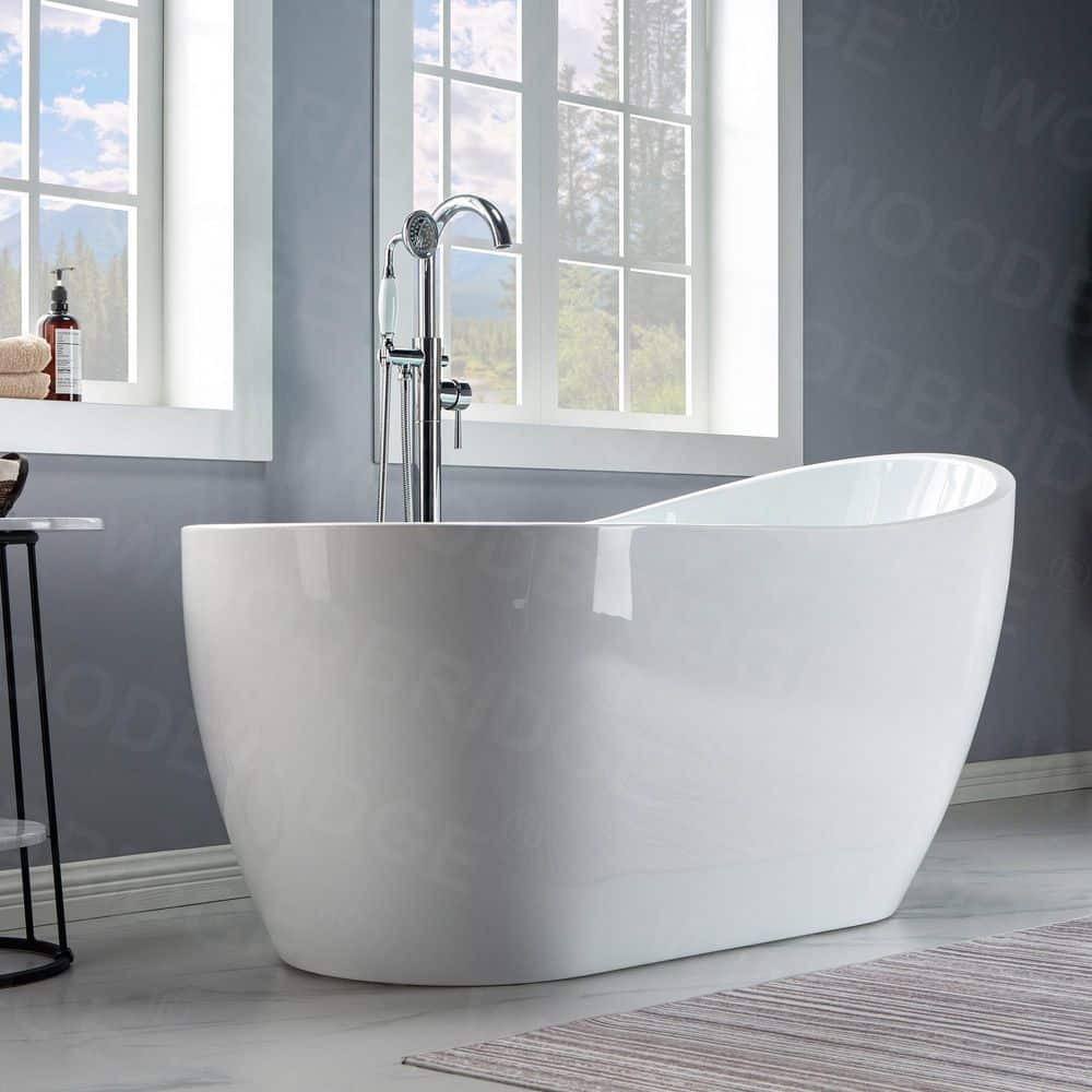 WOODBRIDGE Archie Acrylic FlatBottom Single Slipper Bathtub with Brushed Gold Overflow and Drain Included White (4)