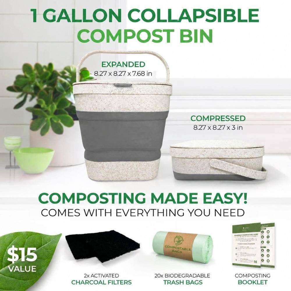 Unbranded 1 Gallon Collapsible Wheat Straw Countertop Compost Bin with Tight-Seal Lid 20 Bags 2 Carbon Filters (2)