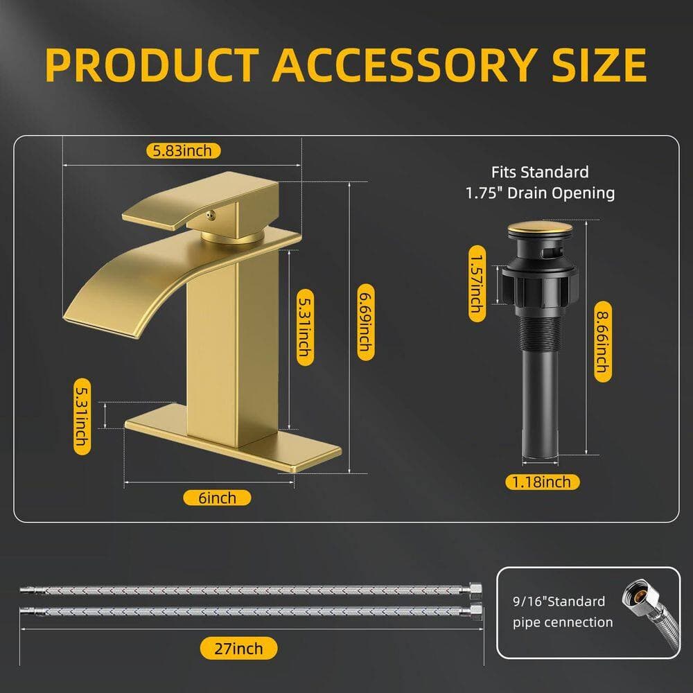 Numhew 1-Piece Bathroom Accessory Set with Waterfall Single Handle Faucet for 1 or 3 Holes and Drain Assembly in Brushed Gold (2)