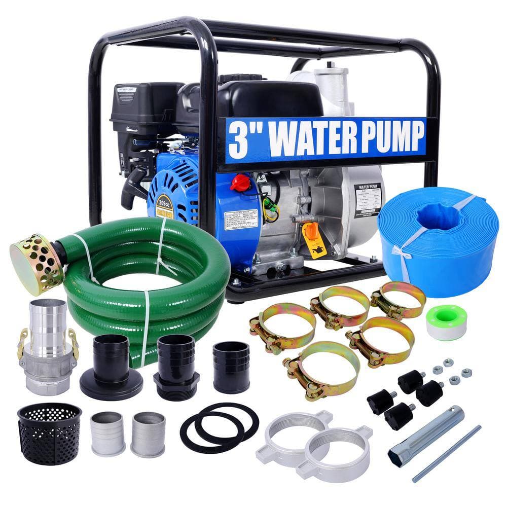 Tahanbath Semi Trash Pump 3 in. 209cc 7-HP 4-Stroke OHV Engine, Gas Powered Semi Trash Water Pump 50 ft. Discharge Hose (3)