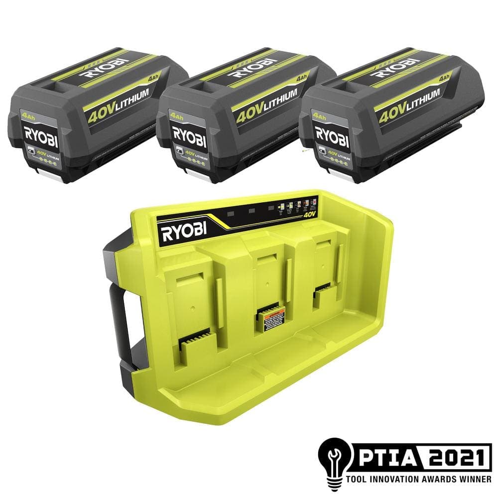 RYOBI 40V Lithium-Ion 3-Port Charger with (3) 4.0 Ah Batteries (1)