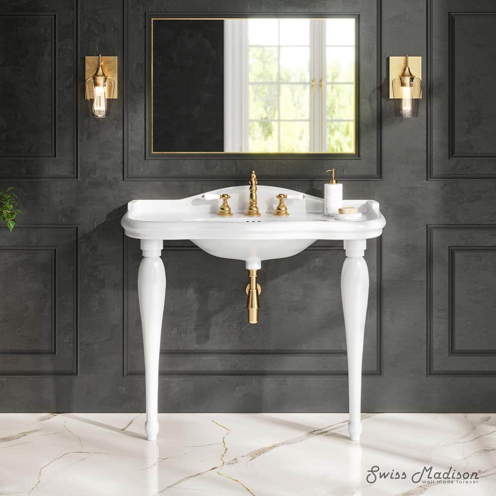 Swiss Madison Santorini 40 in. Rectangle 3-Hole Ceramic Widespread Console Sink with Wooden Legs (2)