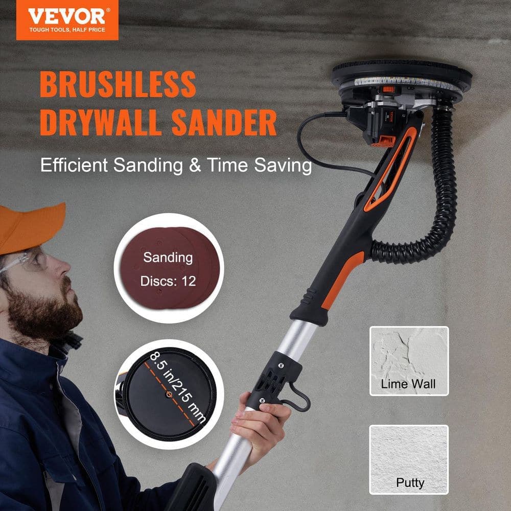 VEVOR Drywall Sander, 800W Brushless Motor Electric Sander, Variable Speed 1000-2300 RPM Wall Sander, Foldable Ceiling Sander (2)