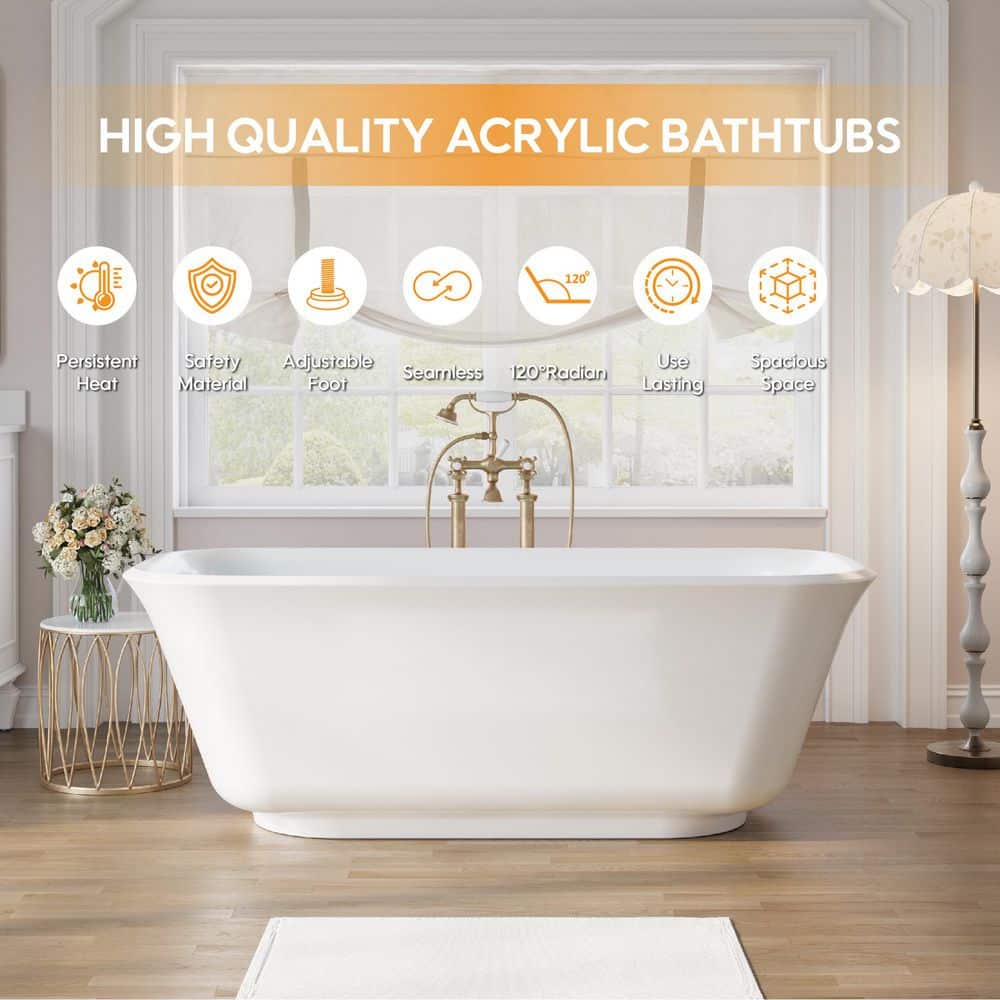 ANGELES HOME 67 in. x 31.5 in. Acrylic Flatbottom Freestanding Soaking Bathtub in Glossy White with Chrome Pop-Up Drain and Ov (3)