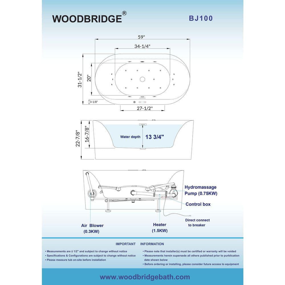 WOODBRIDGE Acrylic Flatbottom Freestanding Whirlpool and Air with Inline Heater Bathtub,Drain and Overflow Included White (3)
