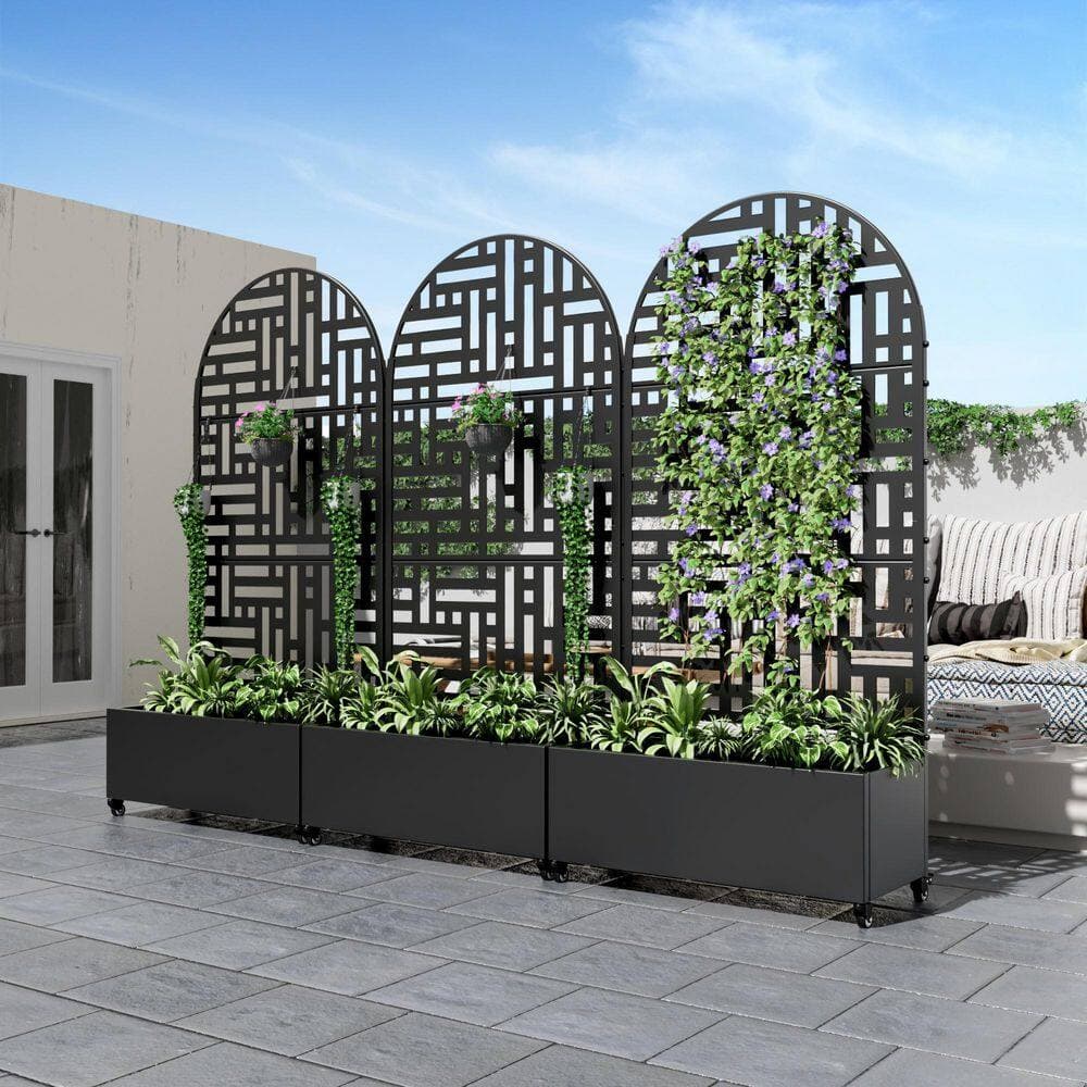 Lumioca 71.37 in. H x 35.1 in. W Black Metal Arch Outdoor Planting Box with Climbing Frame Decorative Art Panel (2)