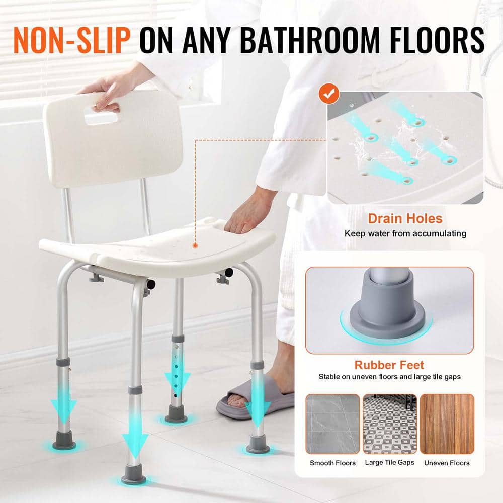VEVOR Shower Chair with Back Adjustable Height Bathtub Non-Slip Bathroom Chair 350 lbs. 20.07 in. W White Free-standing (3)