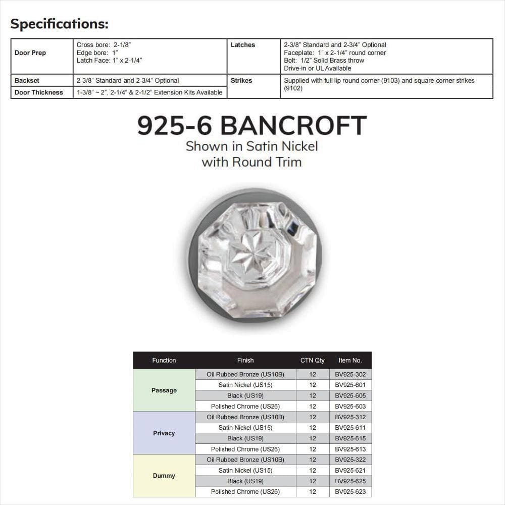DELANEY HARDWARE Bravura Bancroft 925-6 Passage Hall/Closet Door Knob Solid Brass Satin Brass (3)