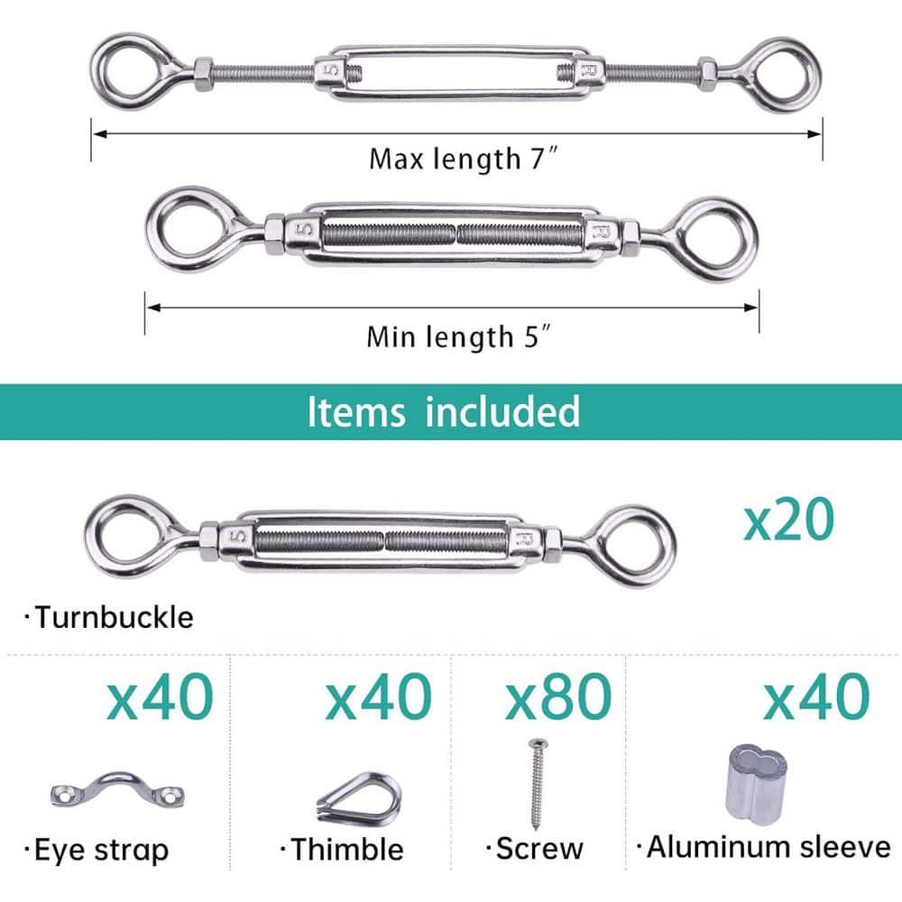 Afoxsos 7 in. Cable Railing Hardware Kit 1/8 Turnbuckle M5 Eye to Eye for Wood Post Stainless Steel Adjustable 20 Sets Silver (2)