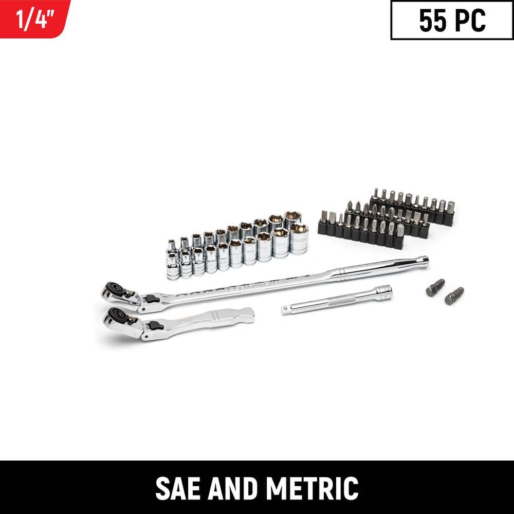 GEARWRENCH 1/4 in. Drive 6-Point SAE/Metric Slim Flex-Head Ratchet and Socket Mechanics Tool Set (55-Piece)
