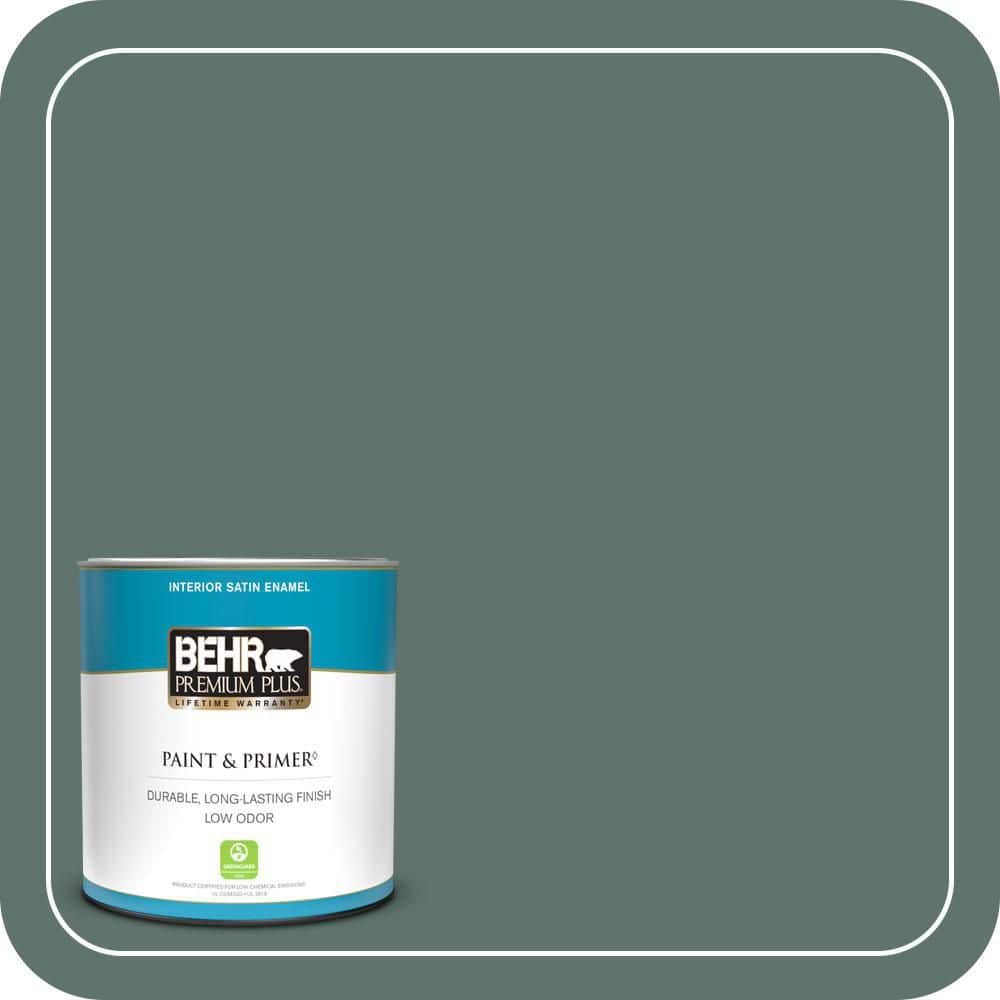 BEHR PREMIUM PLUS 1 qt. #PPU12-17 Cameroon Green Satin Enamel Low Odor Interior Paint & Primer