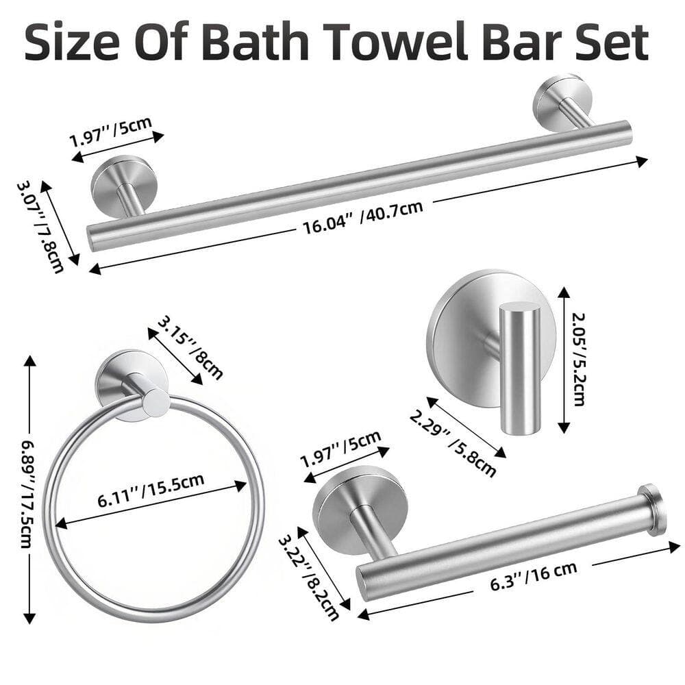 KHKFY 5-Piece Brushed Nickel Bathroom Hardware Set with 16 Inch Towel Bar, Toilet Paper Holder, Towel Ring and Hooks (2)