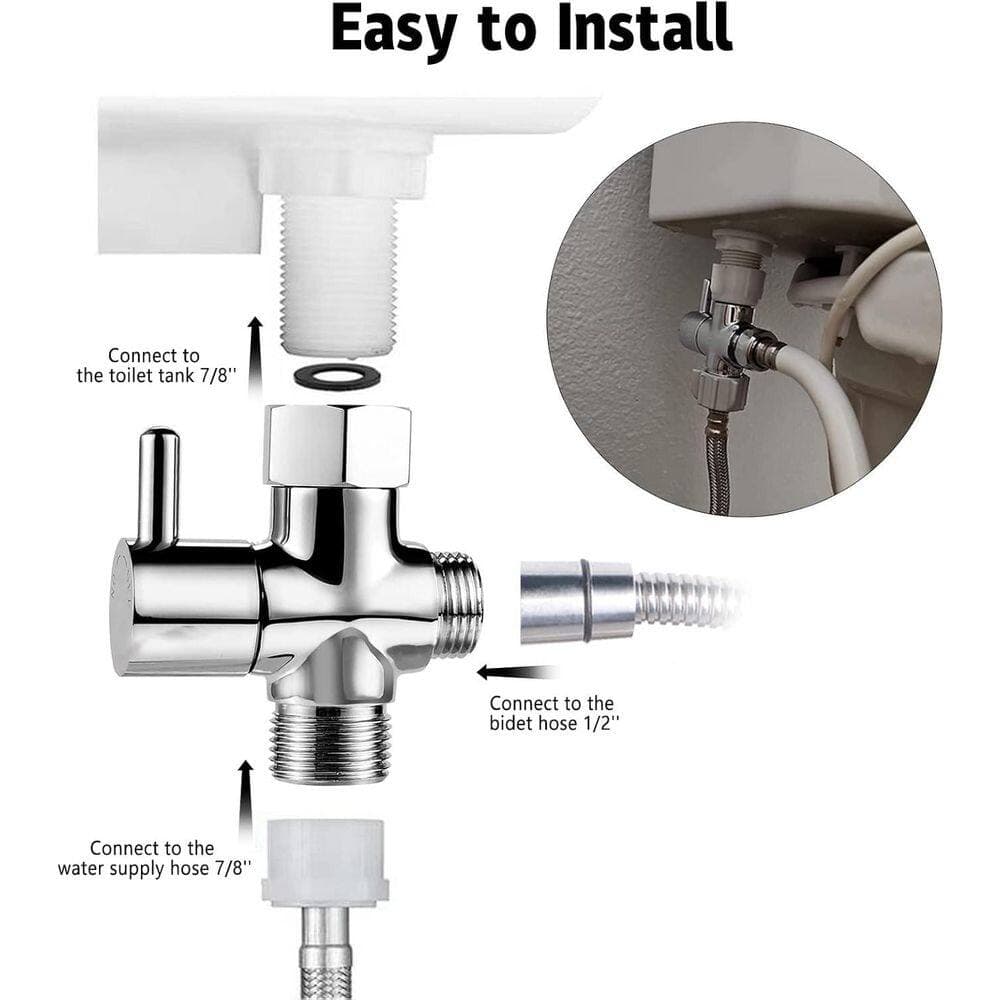 Numhew Brass 3-Way 1-Piece Bidet T Adapter with Shut-off Valve for Bidet 7/8”X 7/8”X 1/2”-Tee Connector Leakproof in Chrome (3)