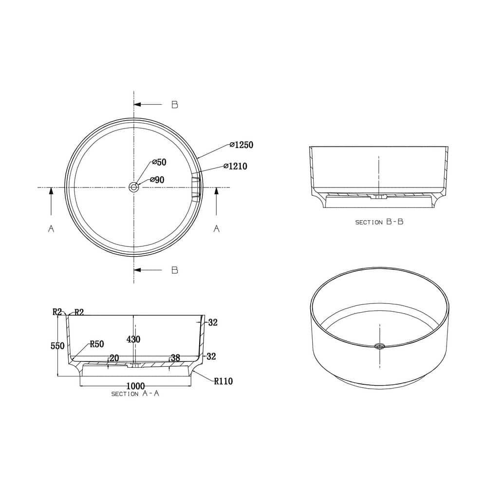 CASAINC Round Solid Surface Stone Flatbottom Freestanding Soaking Bathtub with Center Drain (3)