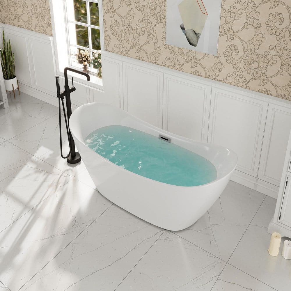 CASAINC 30 in. Double Slipper Oval Shape Acrylic Freestanding Soaking Bathtub with Pop up Drain (2)