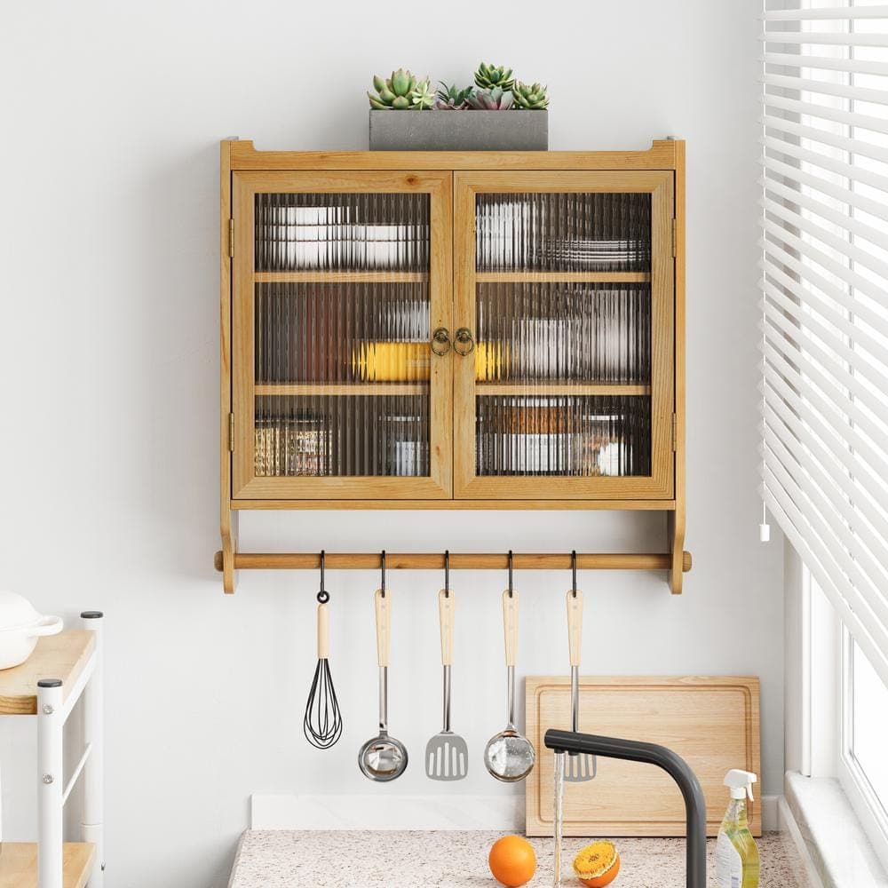 IDEAGLE 24.8 in. W x 7 in. D x 23.62 in. H Bathroom Storage Wall Cabinet Double Glass Door 3 Shelf and Towel Rack in Natural (2)