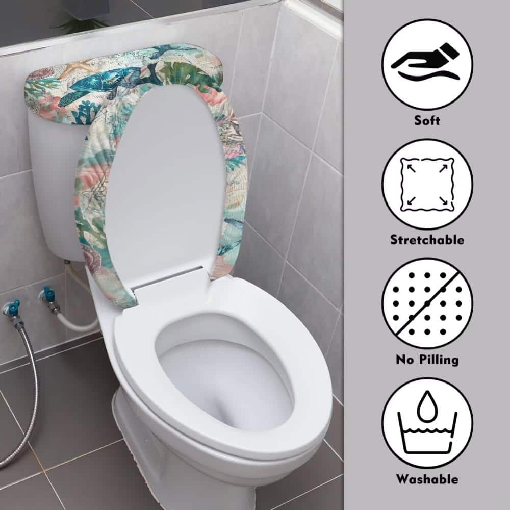 Unbranded 2-Pack High-Stretch Polyester Toilet Lid and Tank Cover Set in Vintage Sea Turtle Multi Color Print (3)