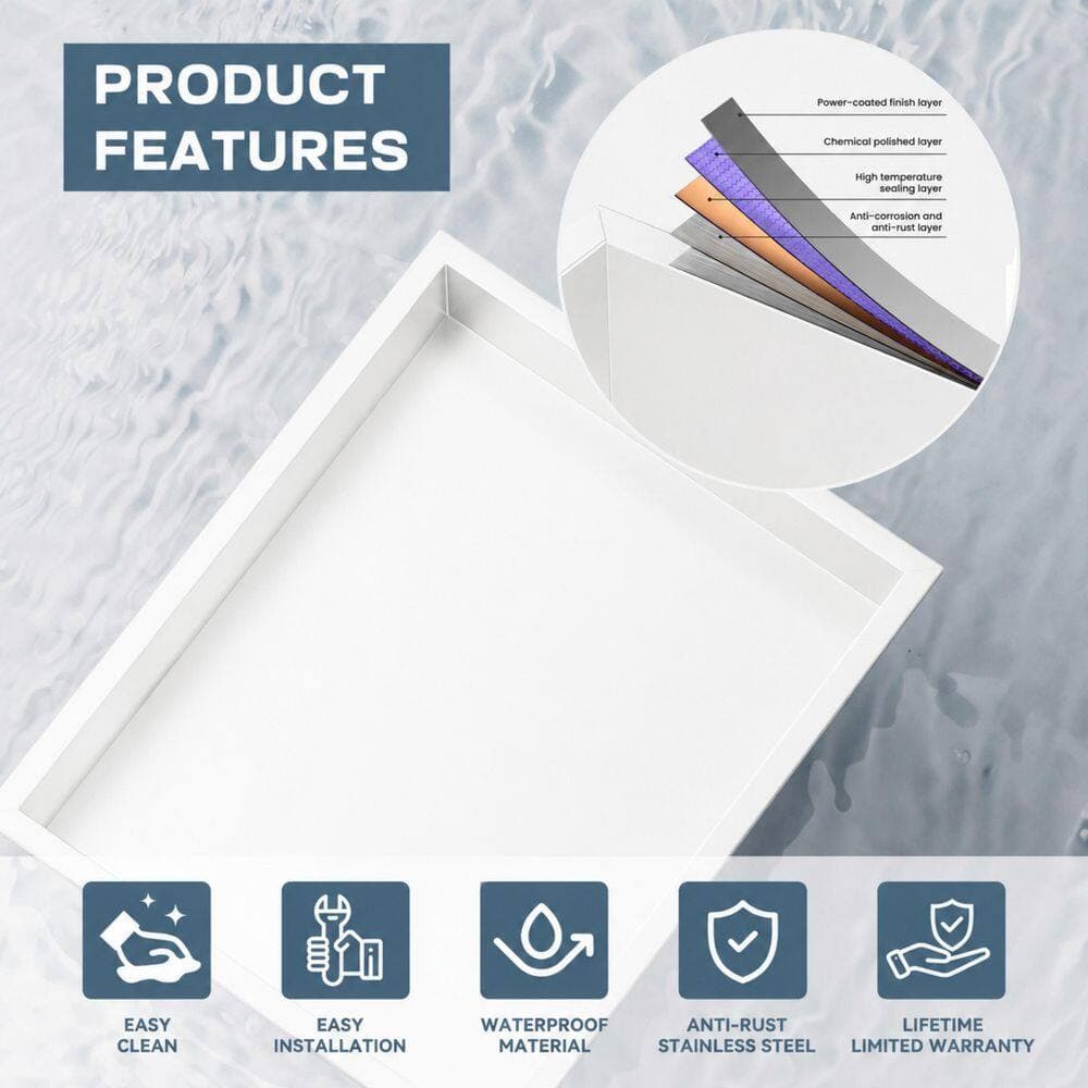 Yuaris 14 in. W x 12 in. H x 4 in. D Waterproof Recessed Shower Niche Storage Shelf in White, No Tile Needed (3)