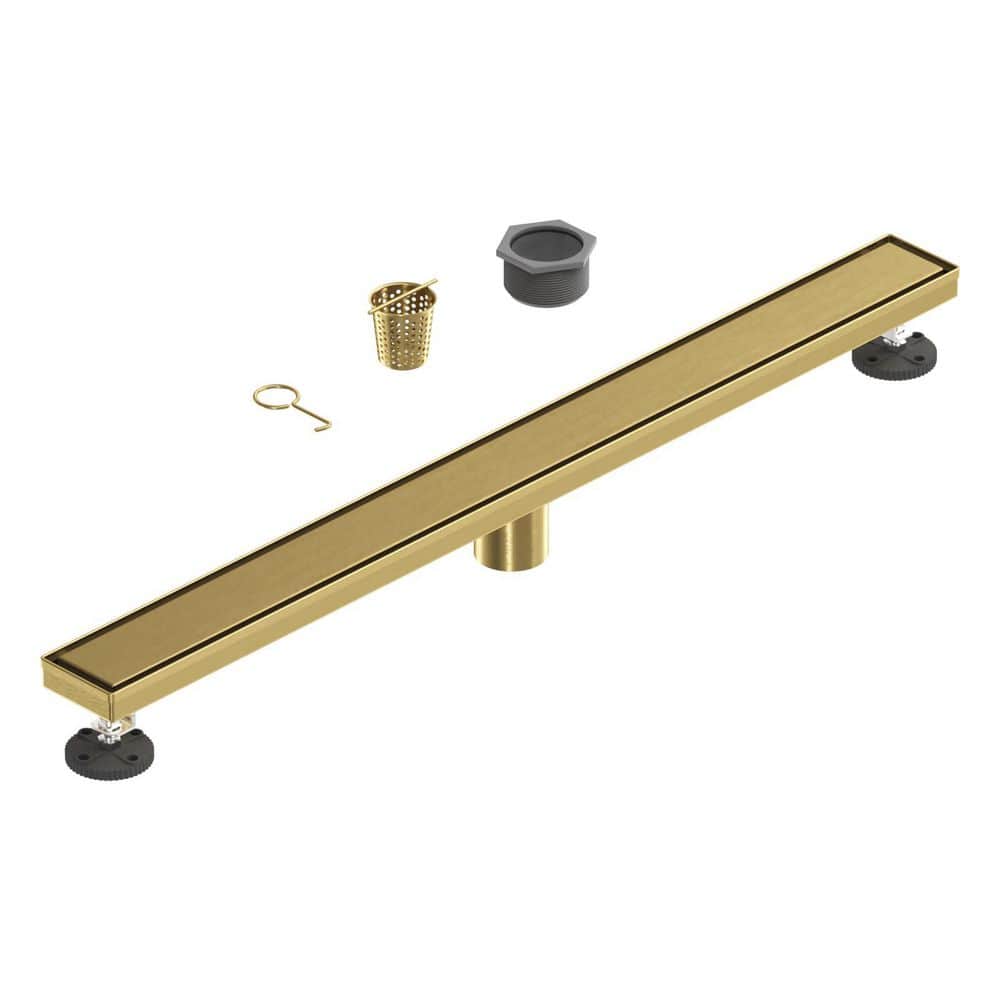 BATHADORE 32 in. Linear Shower Drain, Square Grid Pattern 304 Stainless Steel Floor Drain with Hair Strainer, Brushed Gold