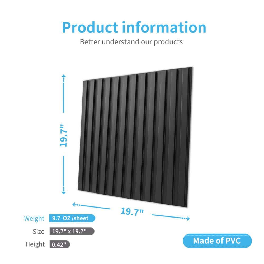 Art3d Slat Fluted Design 1/16 in. x 1-7/16 ft. x 1-3/5 ft. Black Square Edge Decorative 3D Wall Paneling (12 Pack) (3)