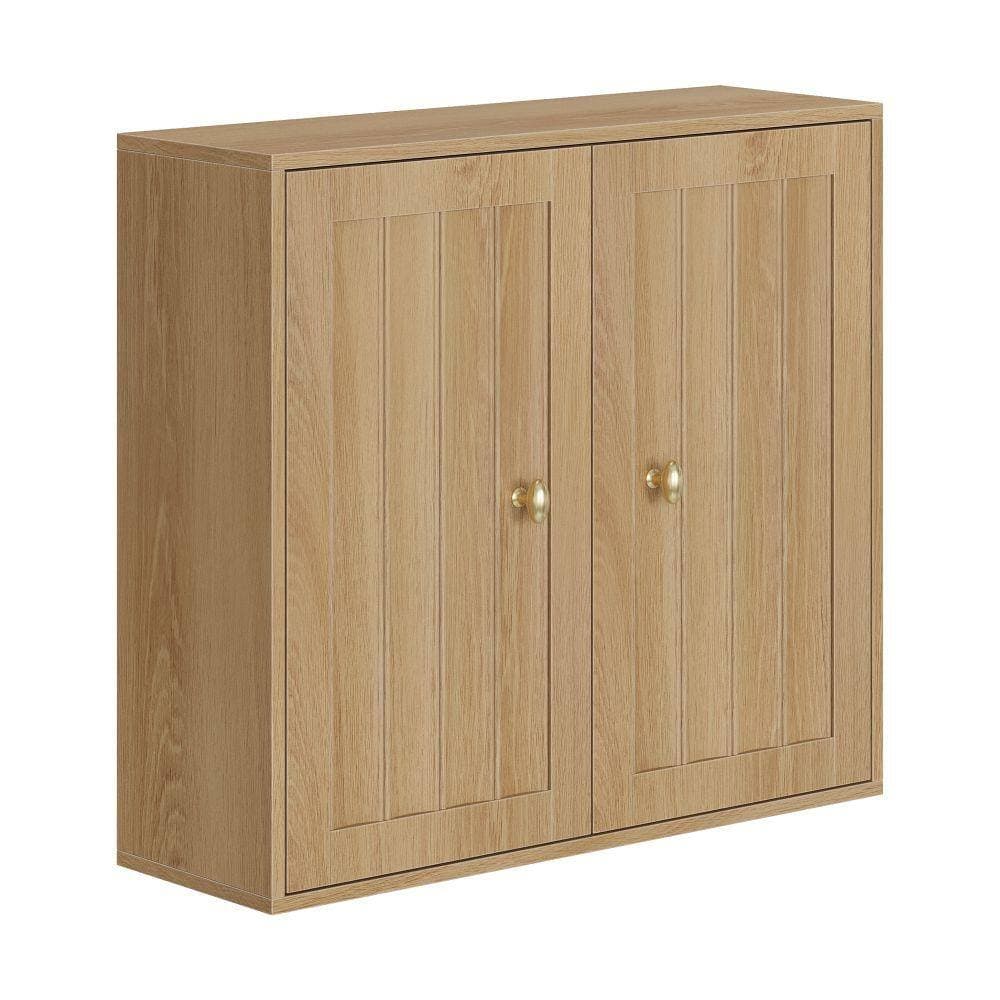 Flynama Double-Door Wall Mount Bathroom Cabinet, Vertical Grooved Design, Oak Finish For Indoor Storage (2)