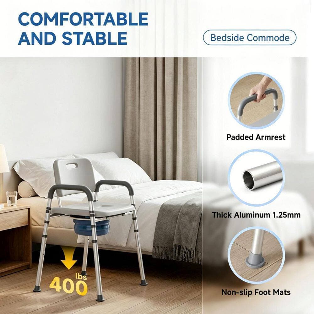 Numhew Bedside Commode with Bucket Toilet Seat with Padded Handles and Seat, Adjustable Height and Width for Pregnant, Disabled (2)
