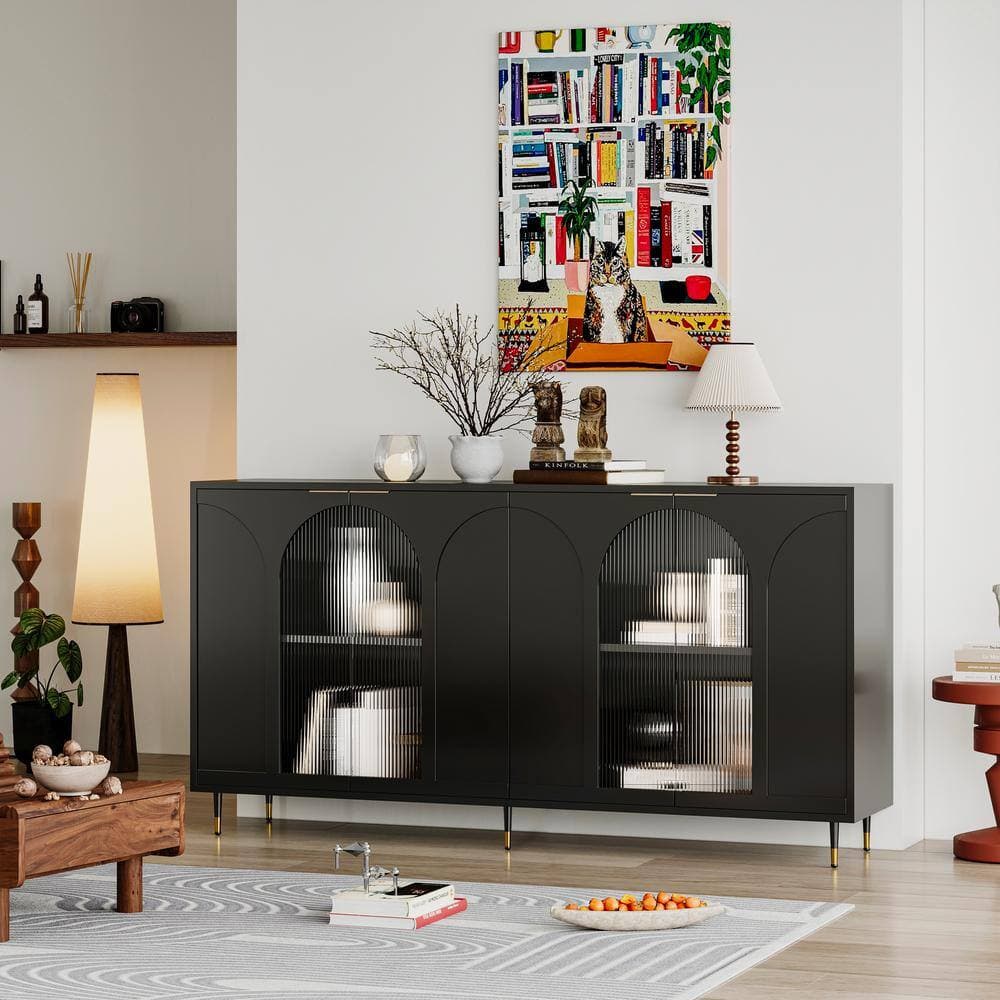 Unbranded 59.8 in. W x 15.7 in. D x 33.7 in. H Black Linen Cabinet Wooden Storage Cabinet with 4 Glass Doors for Living Room (2)
