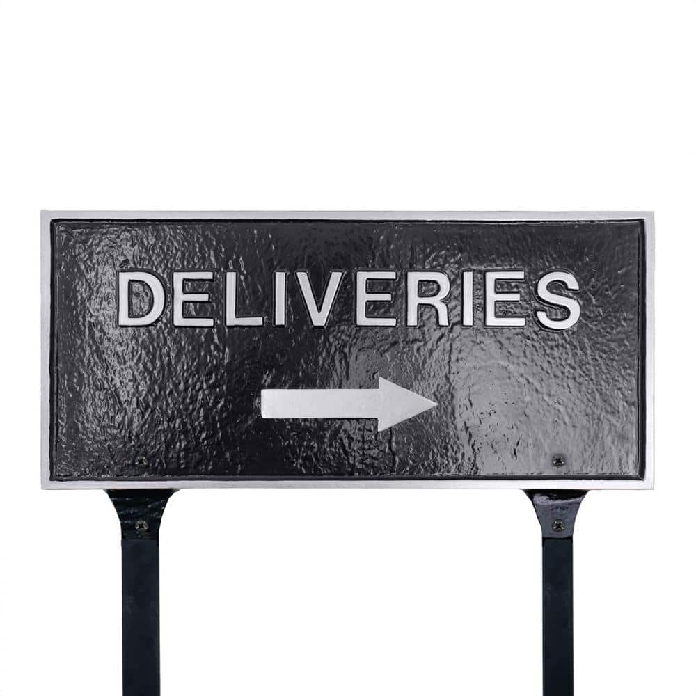 Montague Metal Products 7.25" x 15.25" Deliveries with Right Arrow Standard Rectangle Statement Plaque with Lawn Stakes - Black/Silver