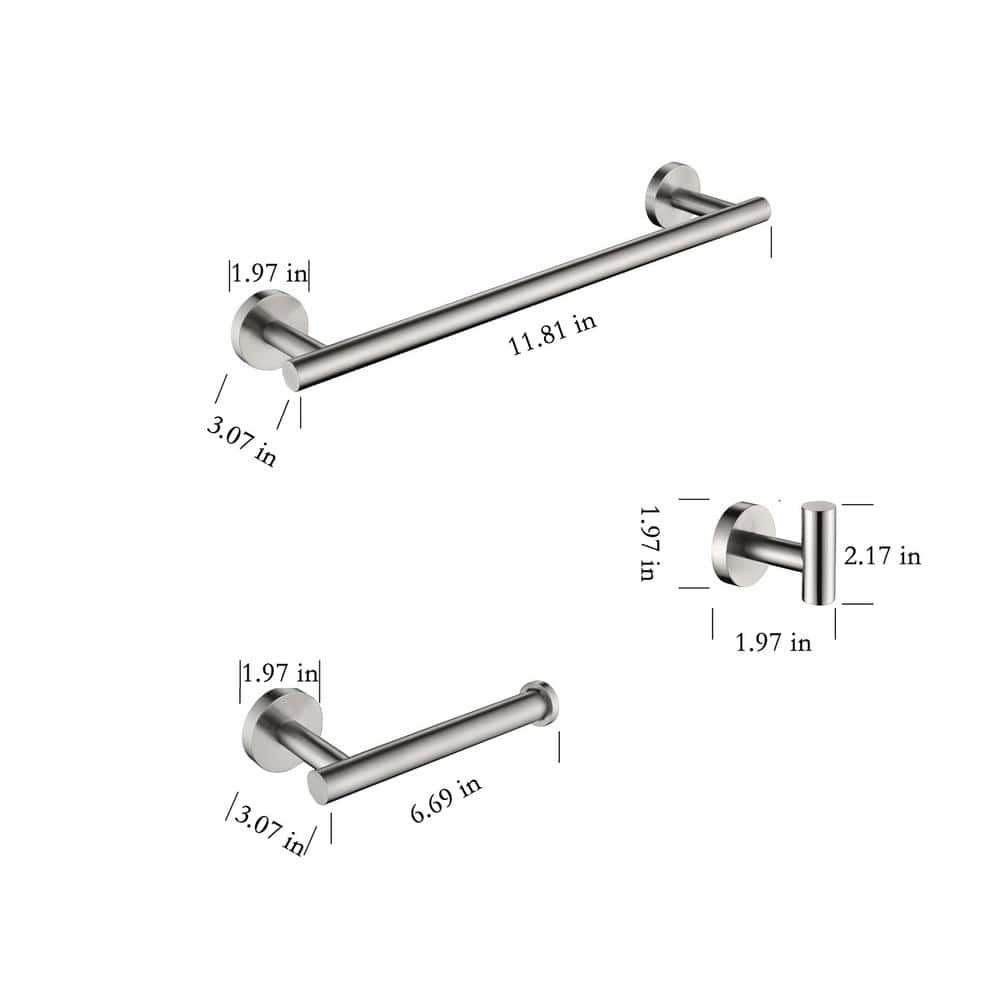 FORCLOVER 3-Piece Bath Hardware Set with Towel Bar, Toilet Paper Holder and Towel Hook in Brushed Nickel (3)