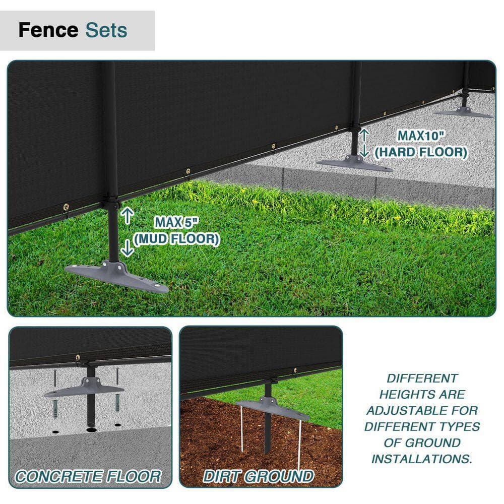 ECOOPTS 5 ft. x 12 ft. HDPE Privacy Fence Screen Set with Poles and Rails Ground Spikes Fence Kit for Garden, Pool, Patio, Black (3)