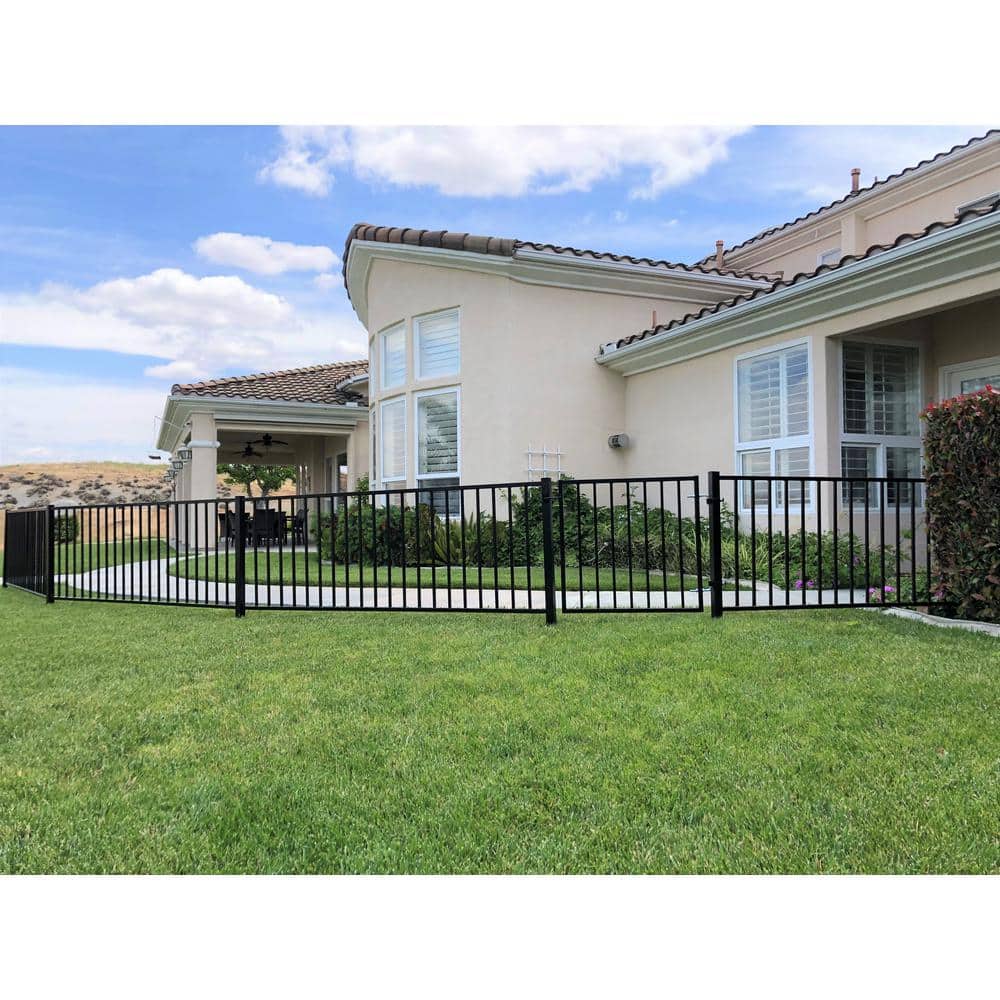 US Door and Fence 4.84 ft. x 48 ft. Black Ornamental Space Bar Flat Metal Fence Panel Kit (6 panels,Posts,brackets,Gate) InGround Install (2)