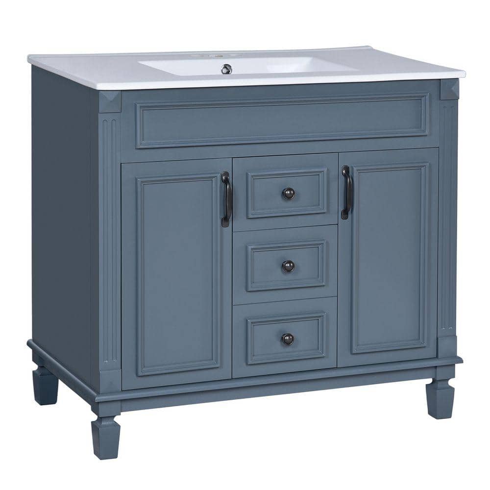 Xuanlur 36 in. Wood Bathroom Vanity, Blue Bathroom Storage Cabinet with 2-Soft Closing Doors and 2-Drawers, Single Sink