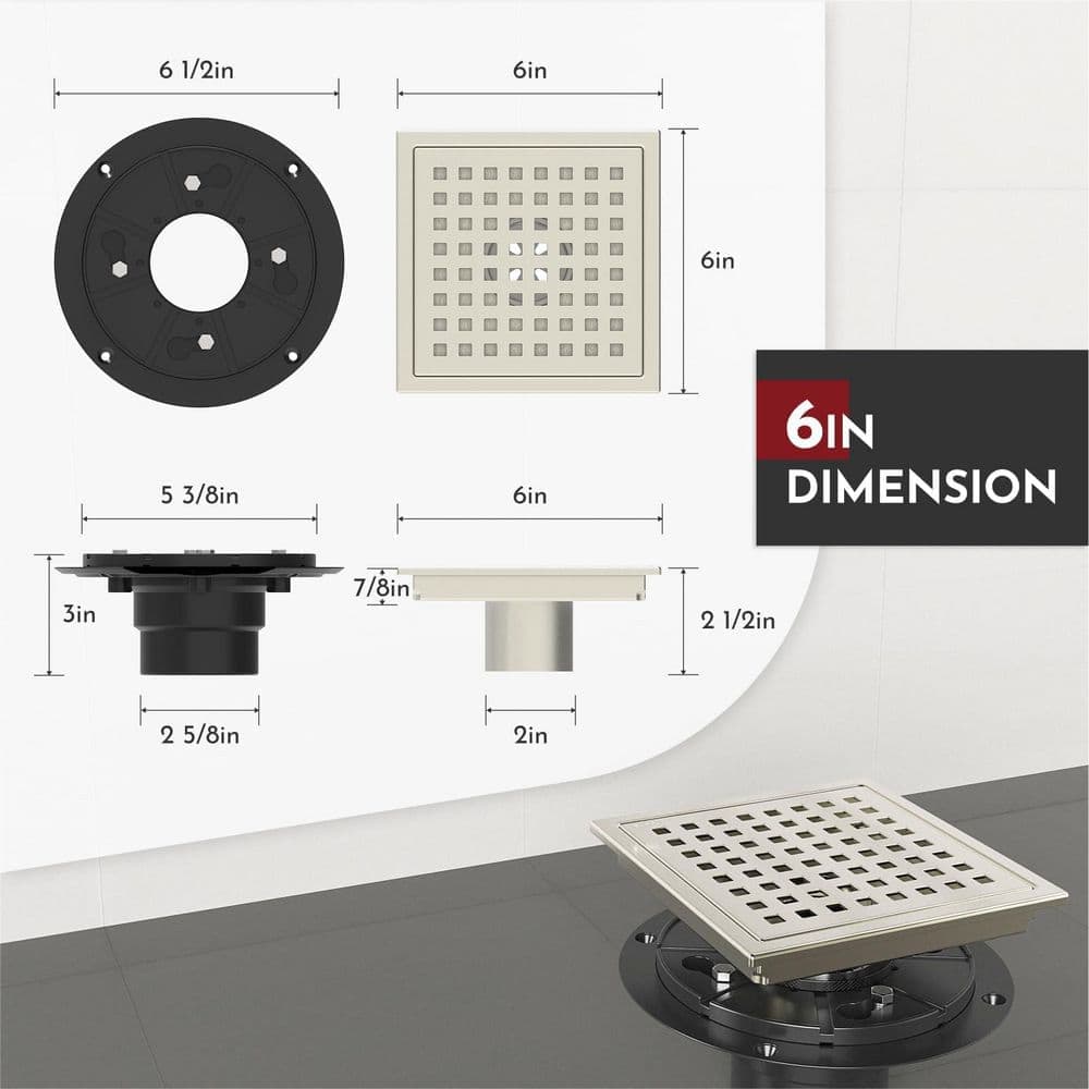 Helhom Brushed Nickel 6 in. Square Food-Grade SUS 304-Stainless Steel Shower Floor Drain with Flange (2)