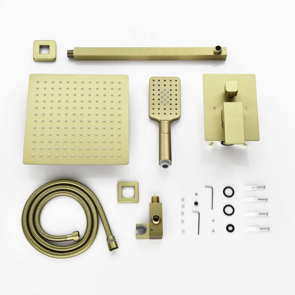 BEARSOLIM Brass Brushed Gold Faucet 1 Jet Shower System 10 in. Rainfall Shower Head with Rough-in Valve Included in Gold (2)