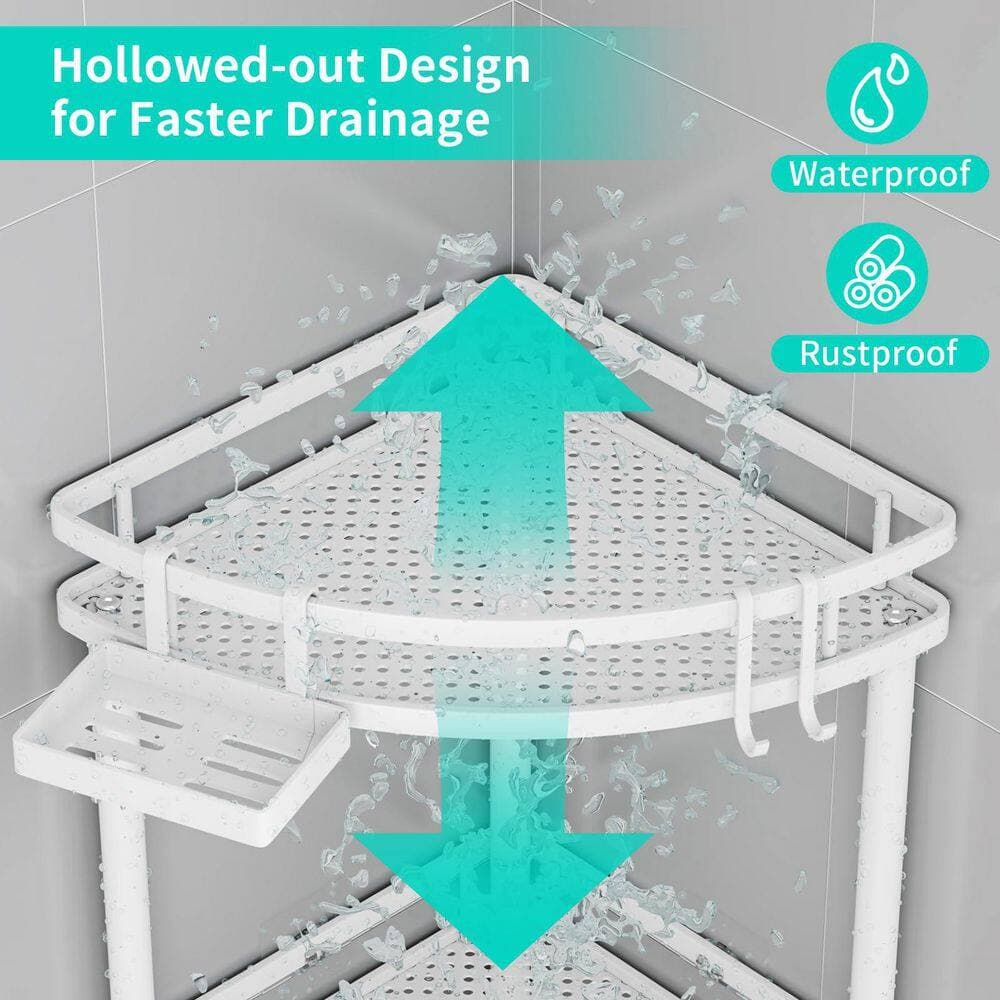Wudkey Standing Corner Shower Caddy in White, 3 Tier Shower Organizer Corner with Hooks, Rustproof Bathroom Storage Shelves (3)
