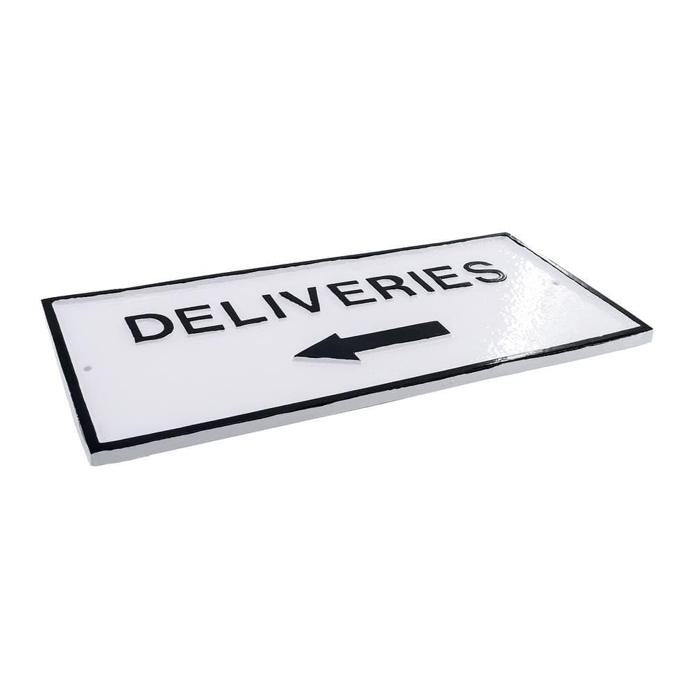 Montague Metal Products 7.25" x 15.25" Deliveries with Left Arrow Standard Rectangle Wall Statement Plaque - White/Black (2)
