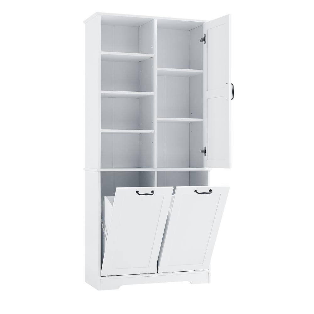 cadeninc 31 in. W x 14 in. D x 68 in. H White Bath Storage Cabinet Linen Cabinet withTilt-Out Laundry Hamper, Adjustable Shelf (3)