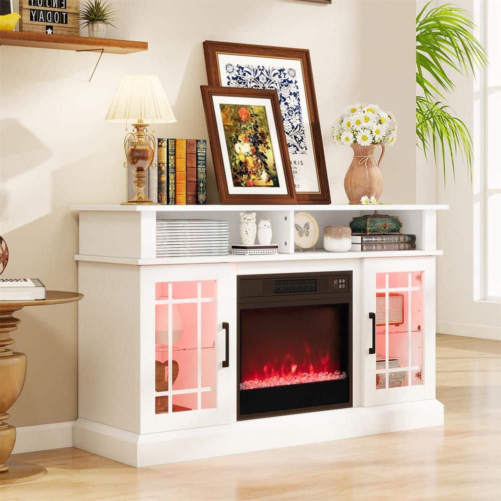 Costway 48 in. Freestanding Wooden Smart Electric Fireplace TV Stand in White (2)