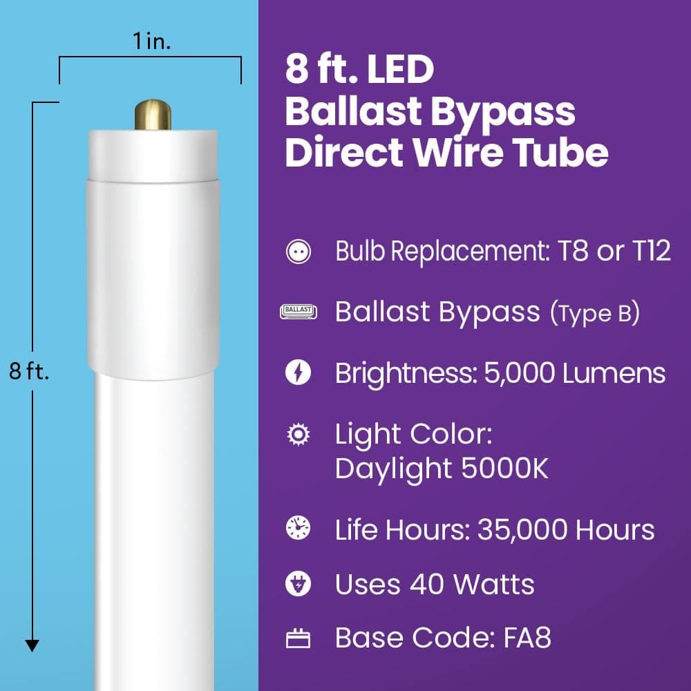 Feit Electric 59-Watt Equivalent 8 ft. White Linear Tube T8/T12 FA8 Single Pin Type B Ballast Bypass LED Light Bulb, 5000K (2-Pack) (3)