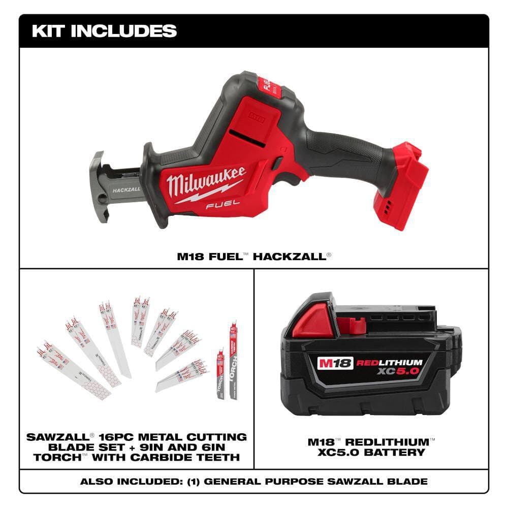 Milwaukee M18 FUEL 18V Brushless HACKZALL Recip Saw w/5.0Ah Battery & SAWZALL Blade Set (2)