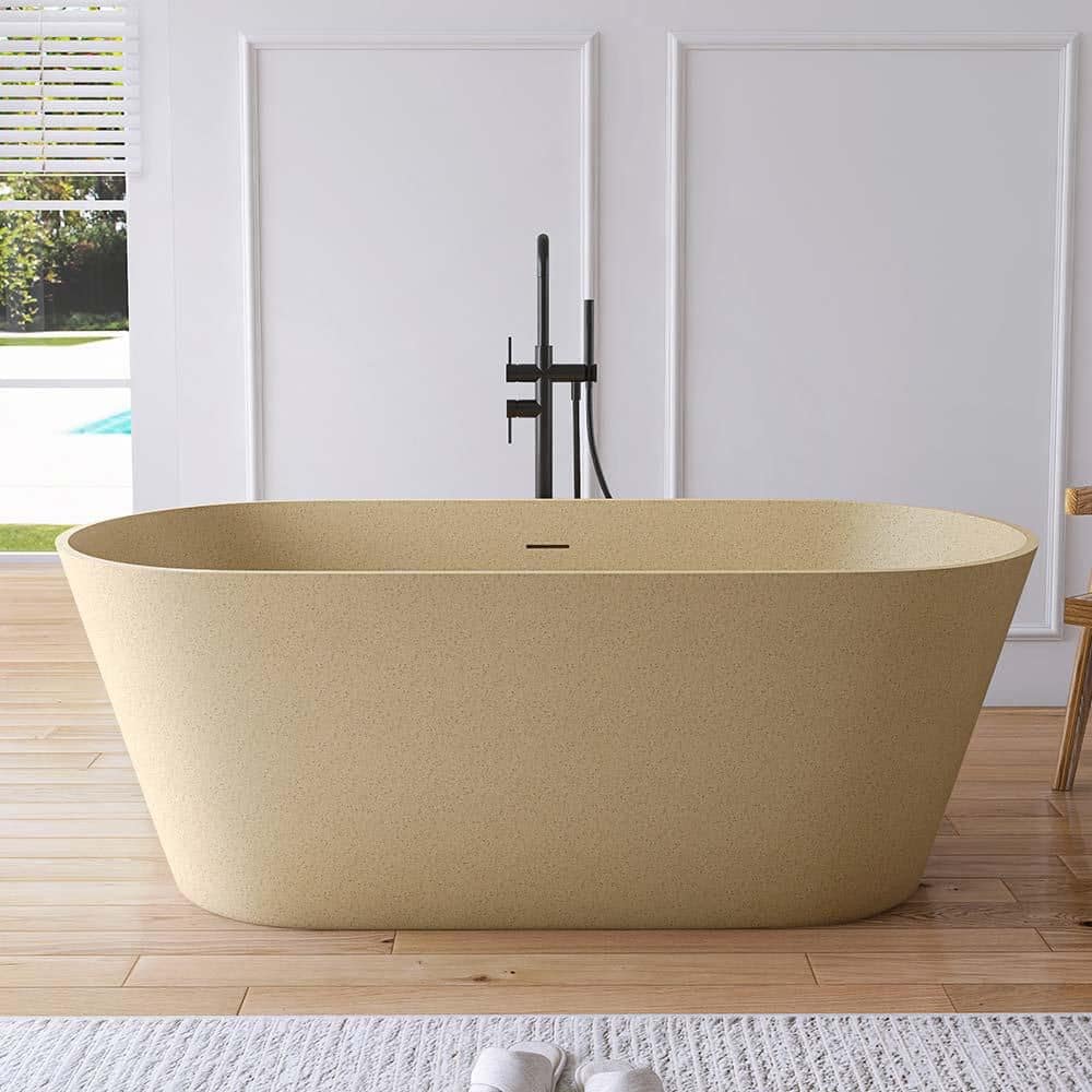 MEDUNJESS 63 in. x 29.5 in. Stone Resin Solid Surface Flatbottom Freestanding Soaking Bathtub in Beige with Terrazzo Texture (1)