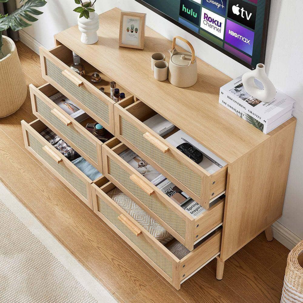Unbranded 47 in. W x 16 in. D x 30 in. H Beige Linen Cabinet, 6-Double Bedroom Dresser with Rattan Drawers, Wood Chest of Drawers (2)