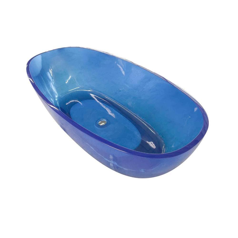 INSEEDE Aurelia 64 in. x 29.6 in. Transparent Blue Oval Solid Surface Freestanding Soaking Bathtub with Modern Sculptural Design (3)