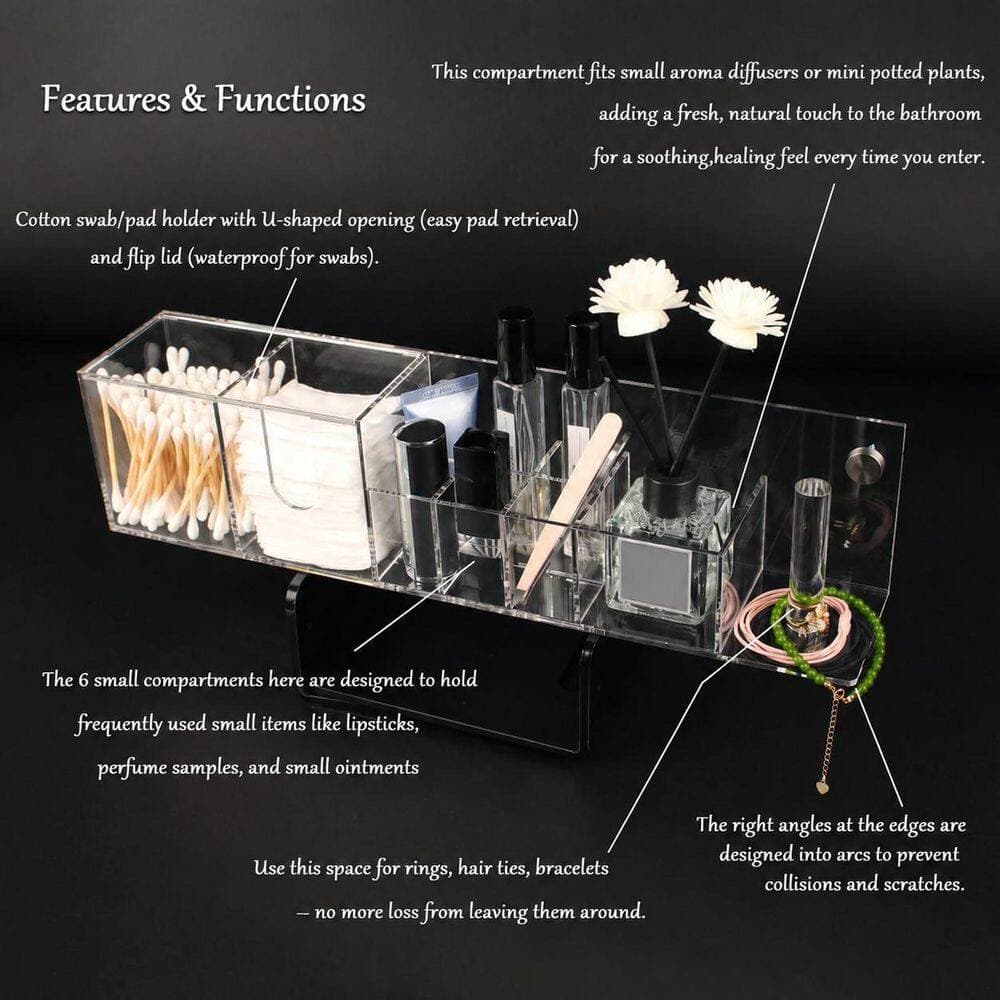 KHKFY Wall-Mountable Acrylic Makeup Organizer with 9 Slots and Lidded Cotton Pad Compartment for Bathroom Use (2)