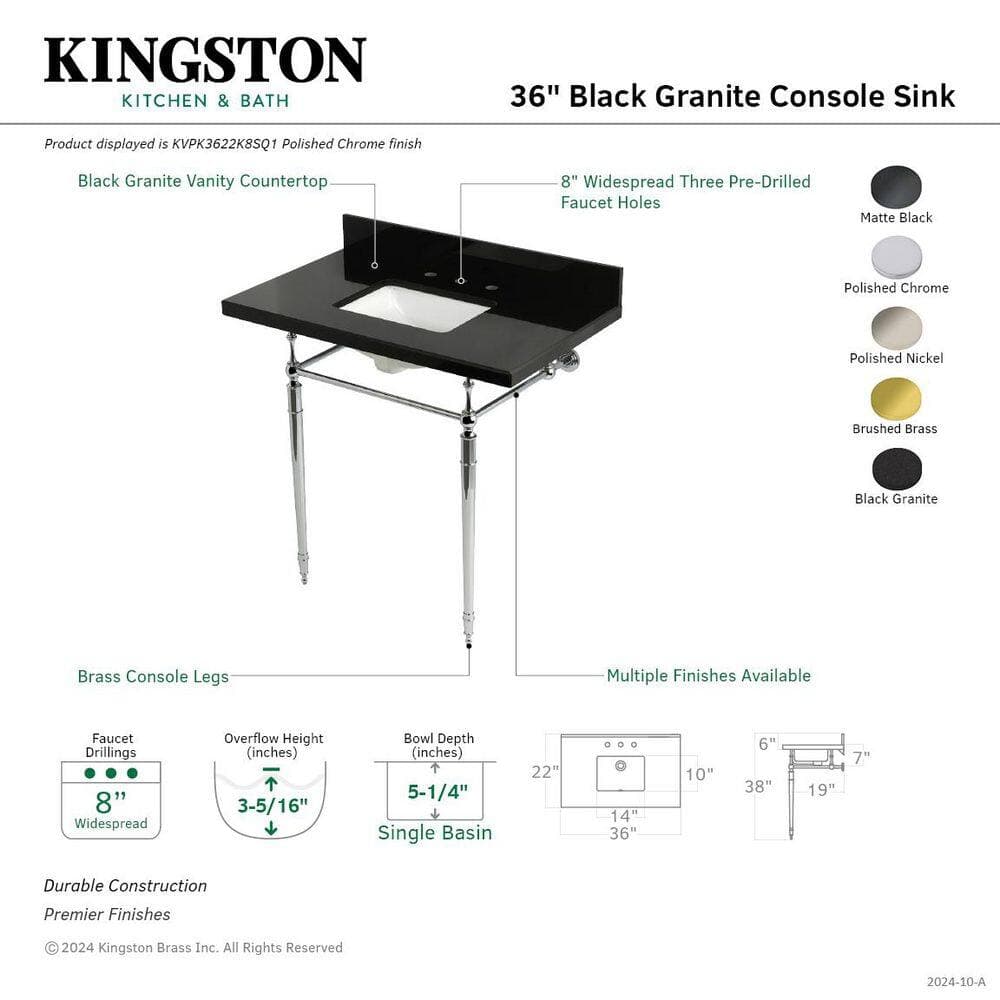 Kingston Brass Edwardian 36 in. x 22 in. Console Sink Combo in Black Granite/Brushed Brass with Legs (2)