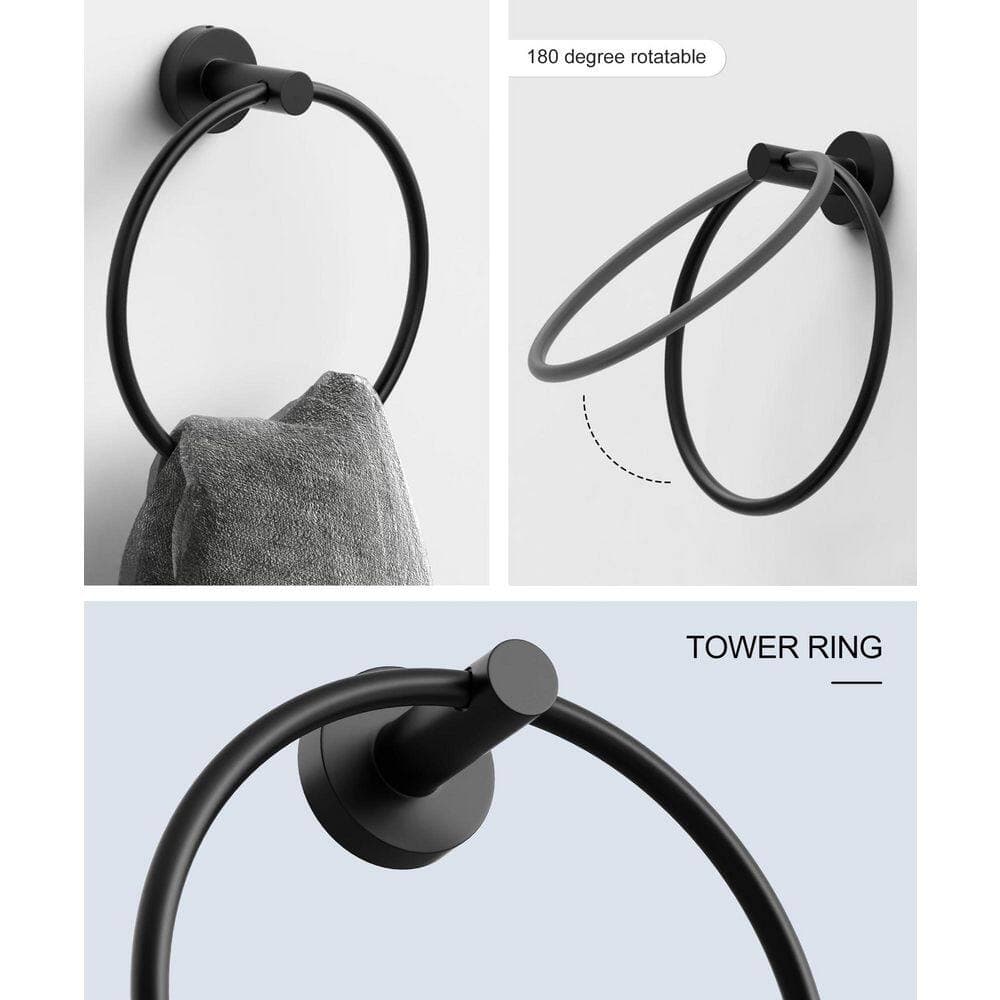 Anqtovp 5-Piece Bathroom Hardware Set with Towel Rack, Towel Ring, Toilet Paper Holder, 2-Hooks in Matte Black (3)