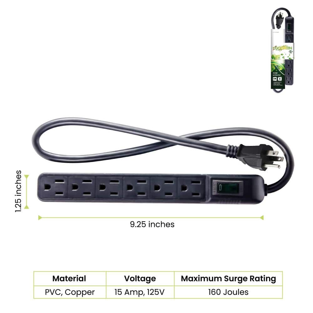 GoGreen Power 6-Outlet Mini Surge Protector with 90 Joules 2.5 ft. Cord - Black (2)