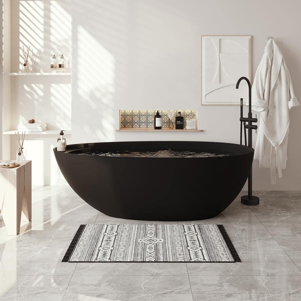 VANITYFUS 67 in. x 33 in. Stone Resin Solid Surface Non-Slip Freestanding Soaking Bathtub with Brass Drain and Hose in Matte Black (2)